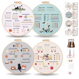 Gleease 4 Sets Beginner Embroidery Kit for Adults Cross Stitch Kits for Starter Hand Supplies Needle Point Kits Embroidery Hoop Stamped Patterns Threads Practice (Flower)