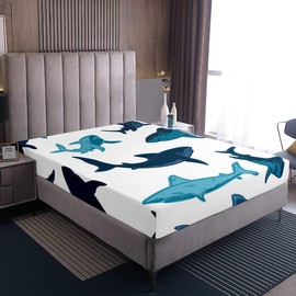 Animal Theme Single Fitted Sheet Shark Pattern Fitted Sheet Marine Life Underwater World Microfiber Bed Sheet for Boys Girls Box Spring Bed Fitted Sheet Ultra Soft