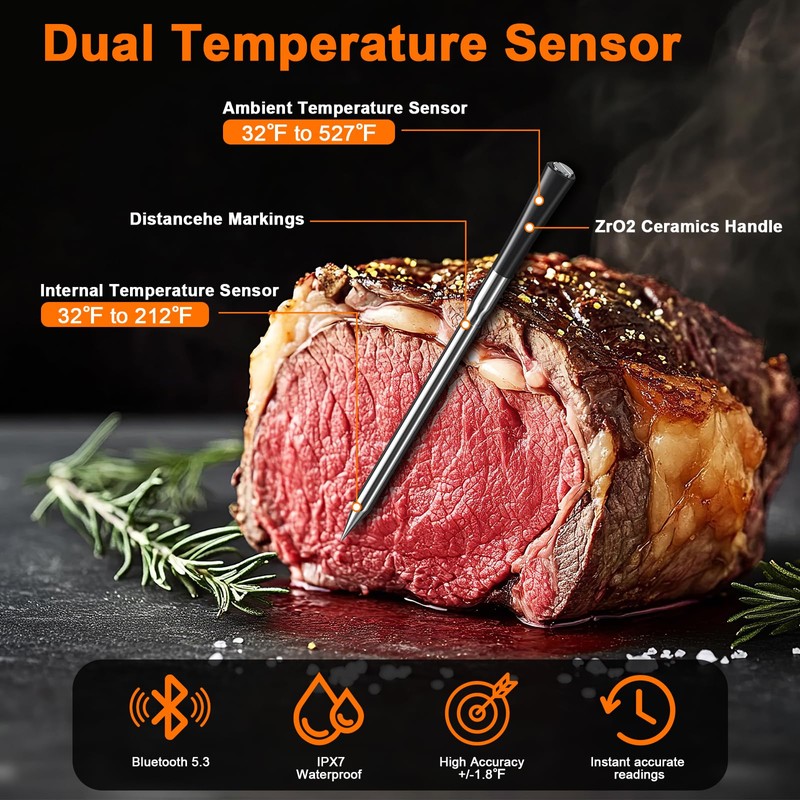 COOKIT 700FT Bluetooth Meat Thermometer, 5.5mm Ultra-Thin Probe Wireless Food