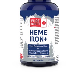 PURE NORTH NATURALS Pure North Naturals - Heme Iron 60 Caps - 11mg Elemental Iron + Selenium, Bioactive Folate, Vitamin B12, Vitamin C - 3rd Party Tested - Formulated & Made in Canada