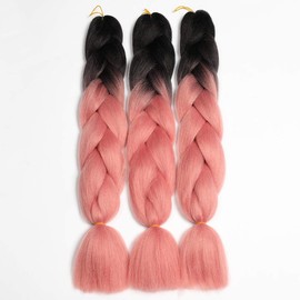 ShowJarlly Box Braid Hair Extensions, 24inch Ombre Jumbo Braid Hair, 3Packs Synthetic Jumbo Braiding Hair Extension Afro Hair Extensions for Braiding Crochet Twist Braids Black/Pink#