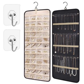 Jewellery Organiser Hanging - Jewellery Storage Double-Sided with Metal Hooks, Hanging Jewellery Storage Roll, Jewellery Organiser Hanging with 39 Pockets and 3 Wave-Shaped Metal Hooks Chains (Black)