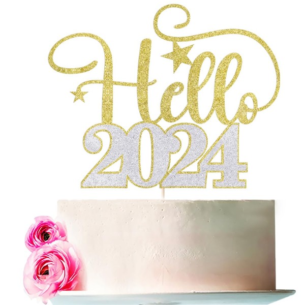 Bejotaa Hello 2024 - Decoración de fiesta de Año Nuevo, decoración para tartas, Feliz Año Nuevo, 2024, suministros para fiestas, Feliz Año Nuevo, decoración de fiesta de Año Nuevo (oro y plata)