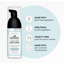 J.R. Watkins No-Rinse Foaming Hand Cleanser – Hand Soap in Pump Dispenser – Bathroom & Kitchen Foam Cleaner – All Natural, Alcohol Free, Unscented, 1.6 fl. Oz., Single