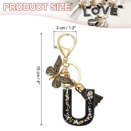 [PATIKIL] アルファベットイニシャルレターキーチェーン 女性用キーパースハンドバッグバッグアクセサリー用タッセルバタフライレターUペンダント装飾付きレジンかわいいキーチェーン 黒