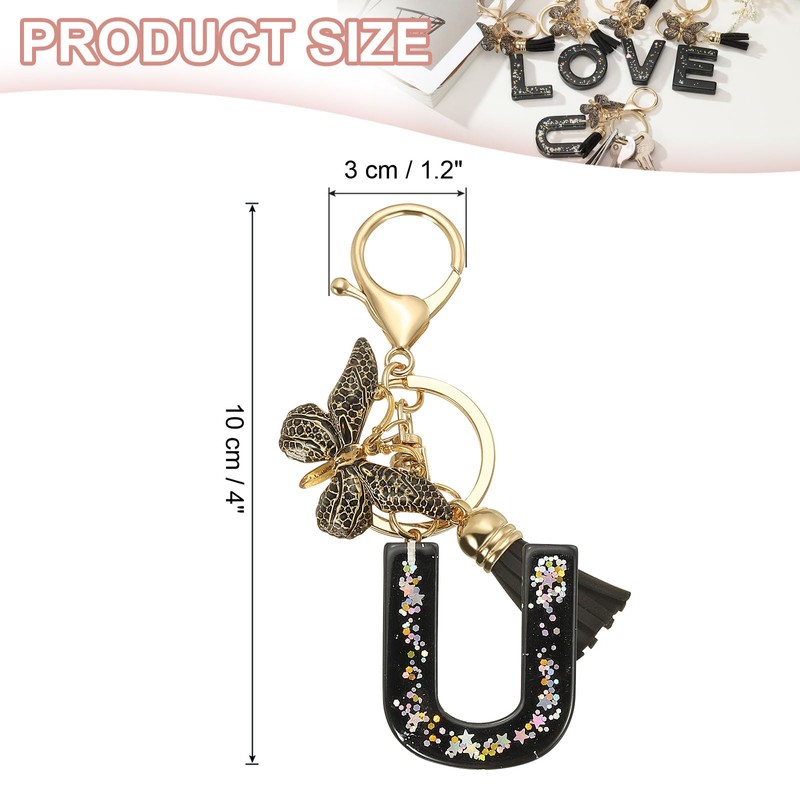 [PATIKIL] アルファベットイニシャルレターキーチェーン 女性用キーパースハンドバッグバッグアクセサリー用タッセルバタフライレターUペンダント装飾付きレジンかわいいキーチェーン 黒