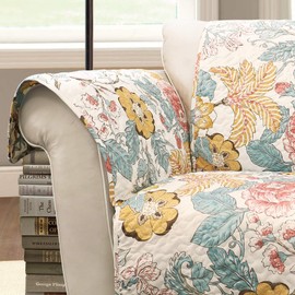 Lush Decor Sydney Furniture Protector, Arm Chair, 71" W x 75" L, Blue & Yellow - Flower Leaf Garden - Quilted Floral Chair Cover - Country Cottage Slipcover - Pet Protector For Chair