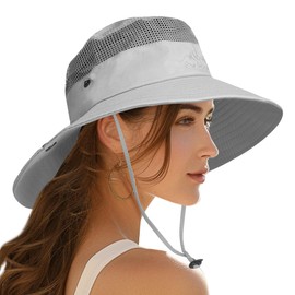 PFFY Sun Bucket Hat for Men Women 3” Wide Brim UPF 50+ Fishing & Beach Waterproof Hats Lightgrey (with Top Mesh)