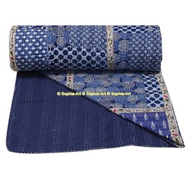 100% Cotton Kantha Handmade Rallies Reversible Bohemian Bedspread Ethno Kantha Indian Patchwork Unique Bed Linen Mix Blanket Quilt (Indigo Lace Patch, 90108 Inches)