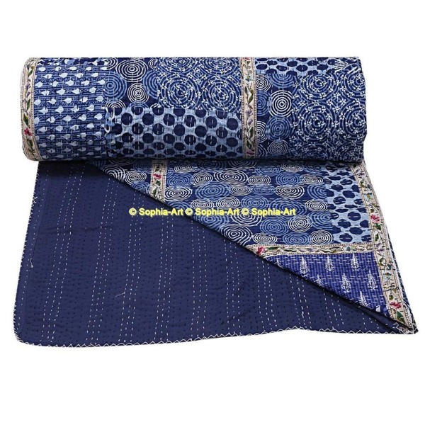 100% Cotton Kantha Handmade Rallies Reversible Bohemian Bedspread Ethno Kantha