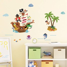 decalmile Pirate Ship Wall Decals Kids Room Animals Wall Stickers Baby Nursery Children Bedroom Bathroom Wall Decor
