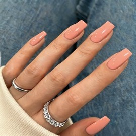 Uñas postizas de gel suaves color naranja coral, cuadradas y largas, de ataúd mediano, con cobertura total brillante y pegamento, reutilizables para m