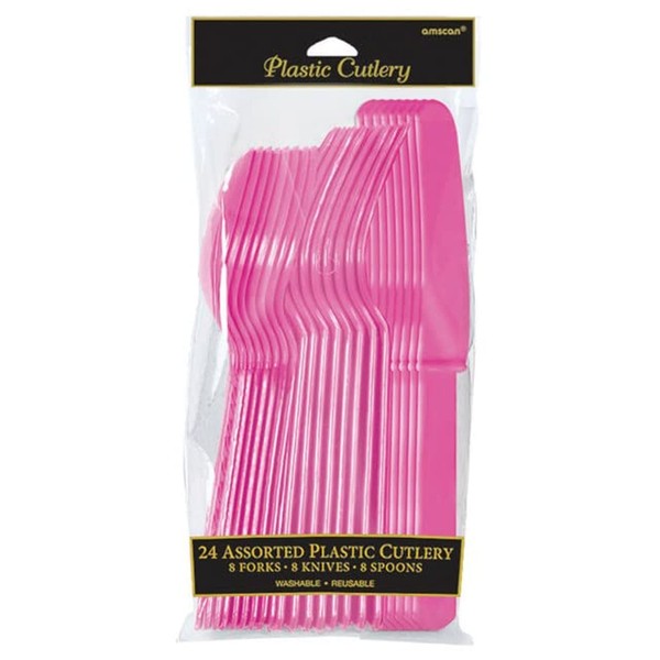 Amscan Party Perfect Reusable Plastic Cutlery Set (24 Piece), Bright Pink, 9.1 x 4.4"
