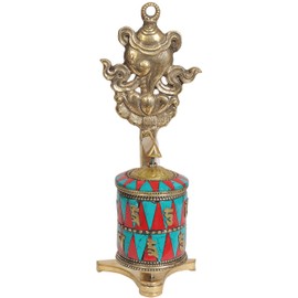 Exotic India Tibetan Buddhist Prayer Wheel with Conch Statue, Multi-Colour, 2.4 x 2.7 x 7-Inch