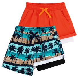 LACOFIA 2 Pieces Boys Swimming Shorts 2 in 1 Kids Swim Trunks with Compression Liner Elasticated Waist Boardshorts Children Summer Beach Shorts Quick Dry Orange+Light Blue Print 10-12 Years