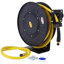 Air Reel Retractable, Industrial 3/8" Inch x 50' Feet Long Premium Commercial Flex Hybrid Polymer Hose, Retractable Air Compressor Hose Reel, Max 300 PSI Heavy Duty Steel Frame For Indoor&Outdoor Use