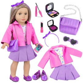 DOTVOSY 18 Inch Dolls Clothes Makeup Accessories Gift for Girls,Cosmetic Toys Shoulder Bags Playset Fit for 18" Doll Including Skirt Outfit Eye Shadow Lipstick Blusher Headband,Doll Not Include