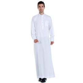 Men Arabic Long Sleeve Pure Color Thobe Crew Stand Collar Kaftan Robe with Button