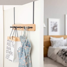 Badiano Over The Door Hook Hanger, Bamboo Coat Rack with 4 Metal Hooks, Wood Clothes Organizer for Coat, Towels, Bags, Robes (WhiteWhite)