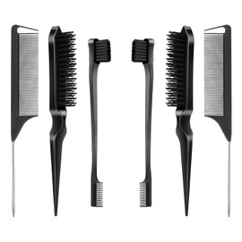 Slick Back Hair Brush Edge Brush, 6Pcs Teasing Comb Bristle Brushes, Bristle Hair Brush Edge Control Brush Teasing Comb,Hair Styling Comb Bristle Teasing Brush, Rat Tail Comb Dual Edge Brush, Black