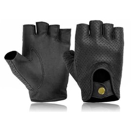 Fingerless Mens Leather Gloves Half Finger Driving Cycling Bike Gym Wheelchair Motorcycle Summer Biker Gloves Soft Genuine Real Lamskin Leather (Black, XL)