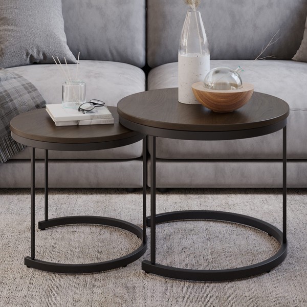 Lavish Home, Brown, Coffee Small Round Nest Together for Saving Space – Modern Industrial Living Room Tables, Set of 2 23.5D x 23.5W x 19.75H in