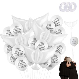 Funeral Favors Set: White Memorial Balloons, Dove Balloons, White Ribbons 46 Pieces, 12" Balloons, 55x103 cm Doves, Thoughtful Tribute for Memorial Services