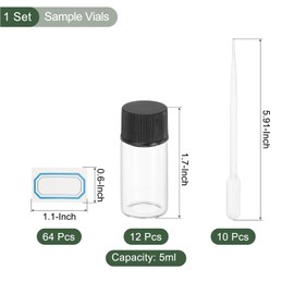 YOKIVE 12Pcs Glass Sample Vials, 5ml Clear Liquid Sample Vials Leak-Proof Storage Glass Bottles with Screw Caps Labels Droppers, Great for Lab, Essential Oil, Reagent (Clear)
