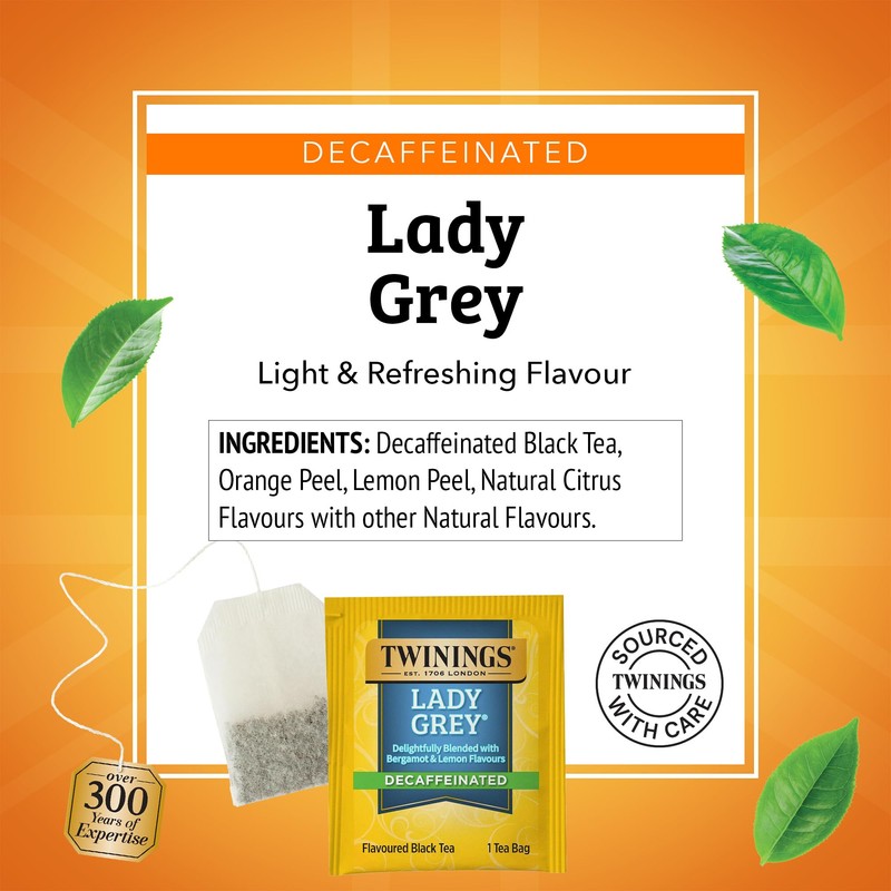 Twinings Decaffeinated Lady Grey Black Tea Individually Wrapped Bags, 20