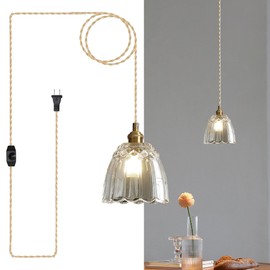 dareyu 6" Plug in Pendant Light, Vintage Mini Glass Hanging Light with Dimmable Switch for Bedroom, Kitchen Island, Living Room, Brushed Gold