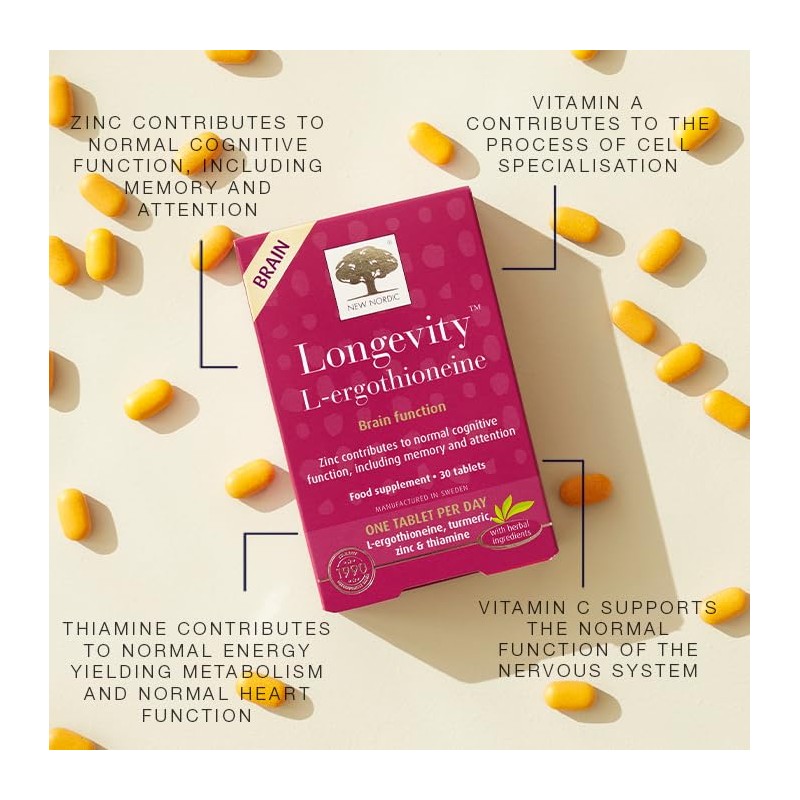 New Nordic Longevity L-Ergothioneine Antioxidant Tablets, Zinc, Vegan, 30ct