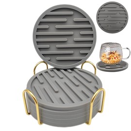 cwajbaa Anti-Slip Silicone Coaster Set of 6, with Golden Stand, Drink Coasters - for Cold and Hot Drinks Suitable for All Water Cups, Protects Desktop Home Decoration (6 Pieces, Deep Grey)