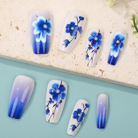 Blue Flower Press on Nails Medium Ballet Shaped Full Cover Glossy Acrylic False Nail Blue Floral Pattern Design Ballet Artificial Fingernails Blossom Stick on Nail Press Ons Glue on Nais for Women