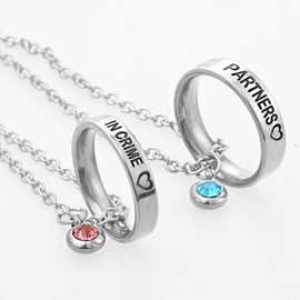 MJartoria Matching Necklaces for Couples, His and Hers Engraved Rhinestone Ring Pendant Set Gifts for Boyfriend Girlfriend (PARTNERS & IN CRIME)