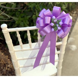 Lavender Pull Bows with Tulle Tails and Rosebuds - 8" Wide, Set of 6, Wedding Pew Bows, Mother's Day, Reception, Aisle Decoration, Anniversary, Birthday, Fundraiser, School Dance, Easter