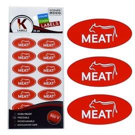 36 Meat Red Kosher Labels - Oven Proof up to 500°, Freezable, Microwavable, Dishwasher Safe, English - Color Coded Kitchen Stickers by The Kosher Cook
