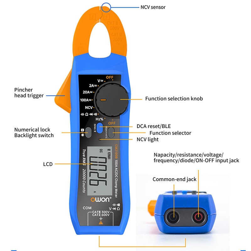 OWON CM2100B Bluetooth Mini Digital Clamp Meter 100A AC DC