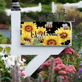Welcome Summer Sunflower Bee Mailbox Covers, Magnetic Post Box Cover Wraps Standard Size 21x18 Inches for Garden Yard Decor