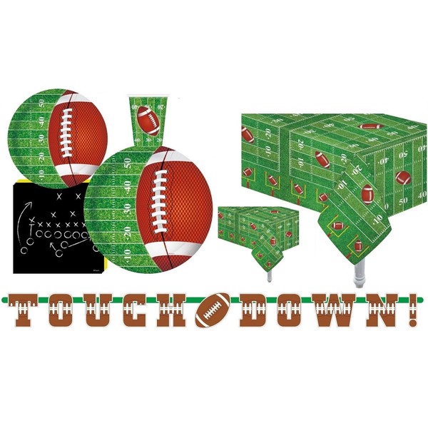 Football Theme Touchdown party supplies for 30 Guests, Includes 30-7" Snack/Dessert Plates, 30-9" Dinner Plates, 30 - Napkins, 30 Cups, 2 Tablecover 54" x 108" | Ideal for Football Games, Birthday Party, Super Bowl
