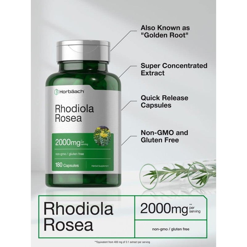 Horbäach Rhodiola Rosea Capsules 2000mg | 180 Count | Non-GMO,