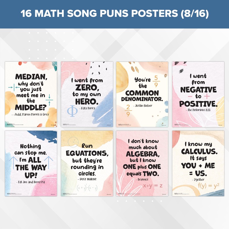 Decorably 16 Math Posters for Classroom - 11x14in Fun Math