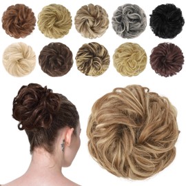 FESHFEN Messy Bun Hair Piece - Elastic Wavy Curly Hair Bun Scrunchies Extensions Synthetic Chignon Hairpieces for Women, Light Brown & Mixed Blonde 1.5 oz