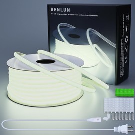 BENLUN AC 110V COB LED Strip Lights 98.4ft, 6000K Cool White LED Rope Light Outdoor Waterproof, 10W/M CRI 90+ Flexible Cuttable, for Bedroom, Living Room, Garden, Commercial, House