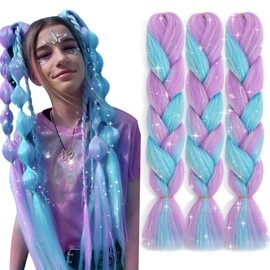 Ombre Jumbo Braiding Hair Colorful Tinsel Hair Extension 24 Inch 3pcs Heat Resistant Fiber Synthetic Braids Rainbow Hair for Girls Women,Glitter Fake Hair for Festival Rave,Blue mix Dark Pink Glitter
