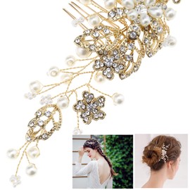 OTOTEC Hair Clips Golden Wedding Hair Comb Clip Pin Imitation Pearl Rhinestone Artificial Crystal Wedding Flowers Hair Accessories Bridal Bridesmaid, Metal