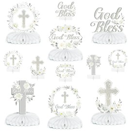 ANGOLIO White Sliver Floral Honeycomb Centerpieces - 12Pcs God Bless Table Decor Honeycomb Cross Centerpieces Baptism Religious Party Table Toppers for Bible Baby Shower Birthday Party Decor Supplies