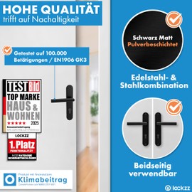 lockzz Estenfeld Door Handle Set Stainless Steel Black Matt Door Fitting for Apartment Entrance Doors on Both Sides Handle Long Plate L Shape PZ Profile Cylinder