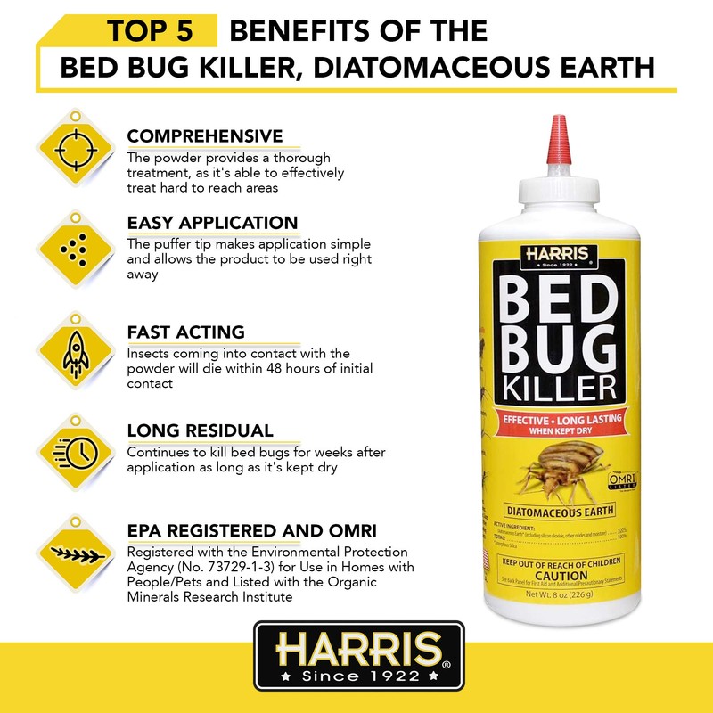 Harris HDE-8 Bed Bug Powder Diatomaceous Earth, 8oz, Yellow