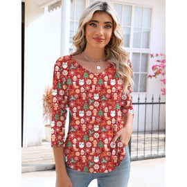 KTILG Christmas Tops for Women 2024 Dressy 3/4 Sleeve Shirts Vneck Tshirt Soft Red Christmas Print Winter 2024 M