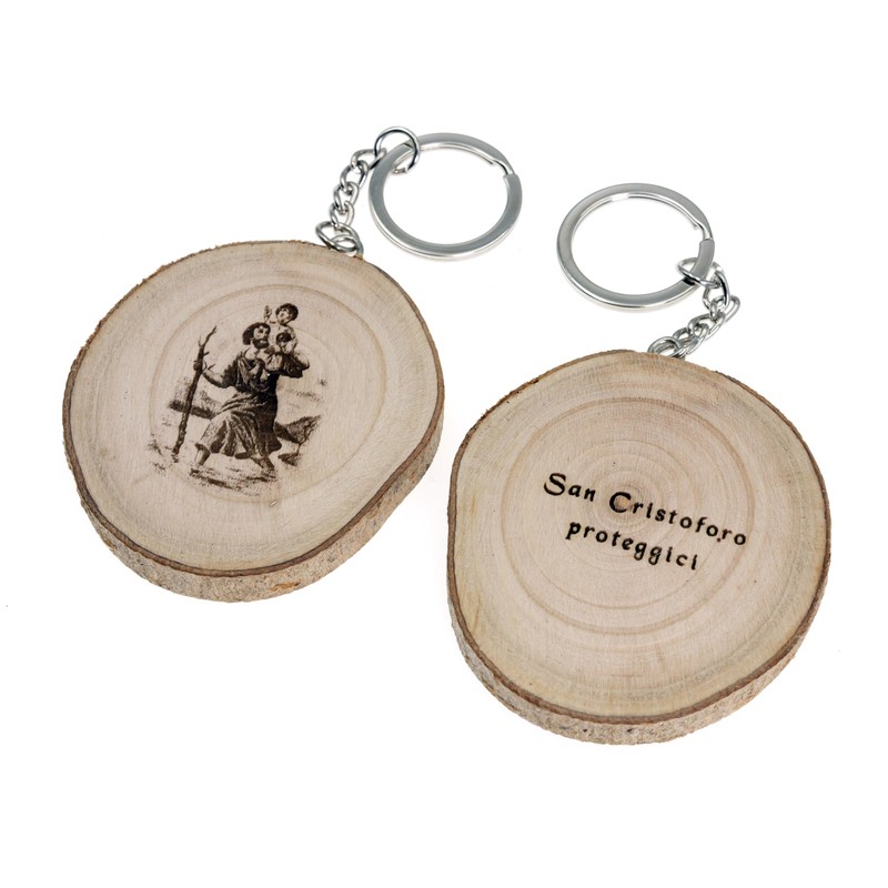 Natural Wood St Christopher Travel Protection Keyring, m